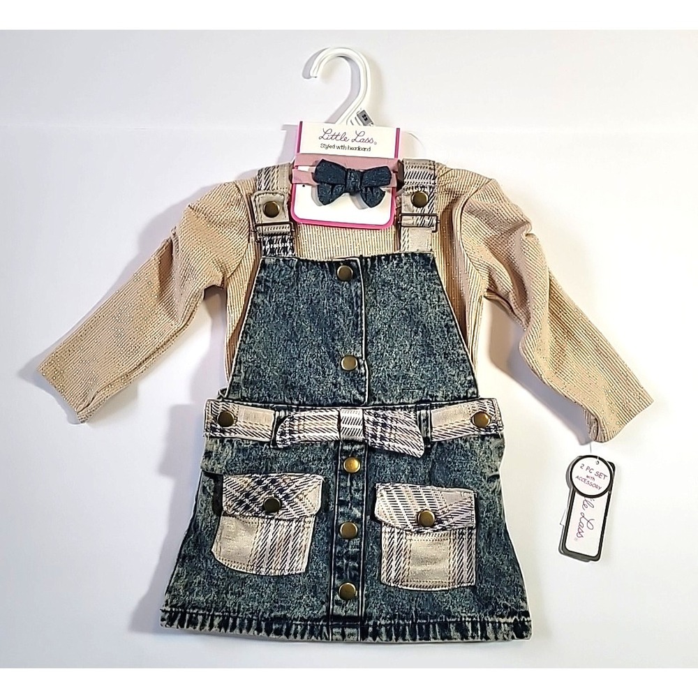 Little Lass Baby Girl Size 18M Denim Jean Bib & Plaid Dress-Bodysuit & Headband